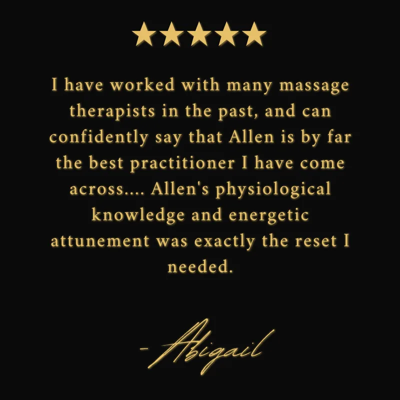 I have worked with many massage therapists in the past, and can confidently say that Allen is by far the best practitioner I have come across.  I received both reiki and massage from him, both services that he delivered with care and precision. He is present through the entirety of each session, offering a restorative and relaxing experience that leaves you feeling completely rejuvenated. As a professional dancer, my body takes a lot of strain, and Allen's physiological knowledge and energetic attunement was exactly the reset I needed.  I cannot recommend him more!
