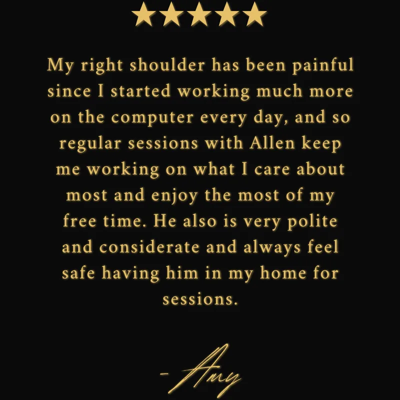 Highly recommend for busy business owners! I've had several massage sessions with Allen over the last year or so and I will continue having him do my in-home sessions for as long as I can. It fits so well into my busy schedule, and I get a high quality massage in my home so I don't have to deal with the traffic and commuting. I can get all the care and attention I need for the problem areas of my body in the comfort of my own home on the days that work best for me.  My right shoulder has been painful since I started working much more on the computer every day, and so regular sessions with Allen keep me working on what I care about most and enjoy the most of my free time. He also is very polite and considerate and always feel safe having him in my home for sessions.  I used to go out and get my massages but the commute back home after always made me all stressed out again! Now I just have Allen come to my home and I can have a relaxing day where I'm most comfortable instead and get the full relaxation I was looking for.