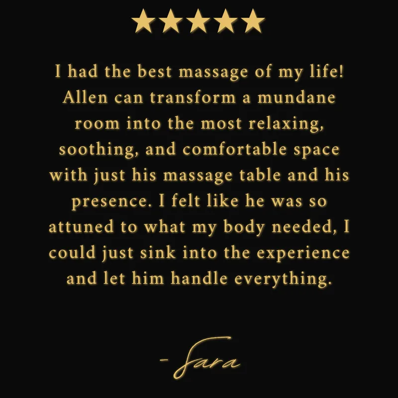 I had the best massage of my life! Allen can transform a mundane room into the most relaxing, soothing, and comfortable space with just his massage table and his presence. I felt like he was so attuned to what my body needed, I could just sink into the experience and let him handle everything. I had a surprisingly emotional experience while he worked on some areas where I have had chronic pain, and I felt completely safe to just have the experience I was having without feeling self-conscious. Allen has a deep capacity for the emotional and spiritual aspects of his work, combined with an engineer's attention to detail, nerdiness about body mechanics, and commitment to empiricism. Allen truly has a gift and I am grateful to have experienced it.